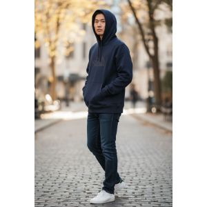 NORTH FACE MENS LARGE CHEST PRINT HOODIE-NAVY